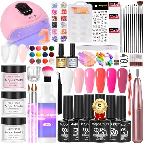 Major Dijit Acrylic Nail Kit with Drill - Complete Starter Set for Beginners White Pink Clear Acrylic Powder, 6 Gel Polish Colors, UV LED Light, Nail Decorations & Salon Tools | Home Manicure Gift Set