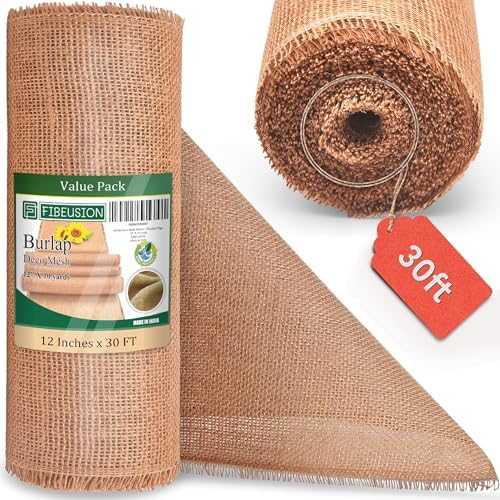Stiffen Burlap Roll 12" x 30 FT - No-Fray Finished Edge Natural Burlap Fabric – No Odor, Eco-Friendly Roll for Gardening, Rustic Table Decor and Other DIY Crafts