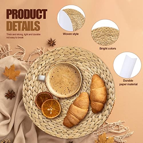 Dandat 100 Pcs Disposable Printed Woven Paper Placemats Bulk 11 Inch Round Wicker Printed Chargers Place Mat Farmhouse Braided Rattan Tablemats for Wedding Dinner Party(Light Brown)