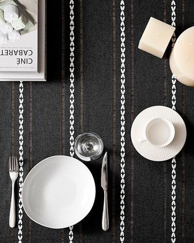 ZeeMart Hemstitched Embroidery Striped Boho Tablecloth 60x84 Inch Black, Heavy Weight Farmhouse Burlap Linen Black Tablecloth, Wrinkle Resistant Washable Table Cloth for Rectangle Table ﻿