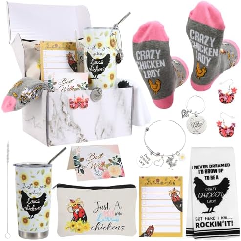 Kolewo4ever Chicken Lady Gifts Set Chicken Tumbler Cosmetic Bag Kitchen Towel Keychain Earrings Socks Charm Bracelet Notepad