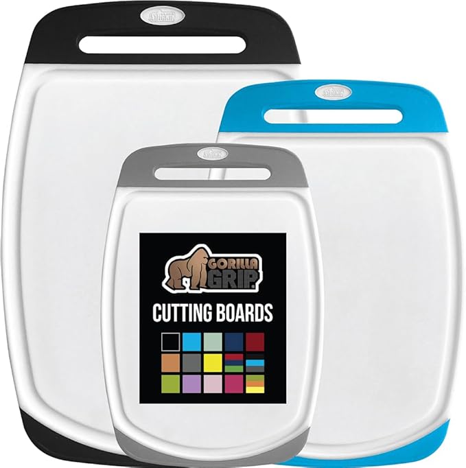 GORILLA GRIP BPA-Free Reversible Kitchen Cutting Board Set of 3, US Designed, Nonporous, Juice Grooves Catch Liquid, Slip Resistant Border, Dishwasher Safe Large Food Chopping Boards, Black Aqua Gray