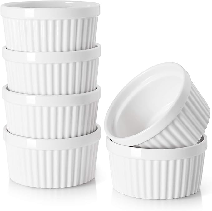 DOWAN Ramekins 6 oz Oven Safe for Creme Brulee Souffle, Porcelain Ramekin for Baking, Classic Style Small Bowls Souffle Dishes Custard Cups for Dipping Sauce, Set of 6, Soft White