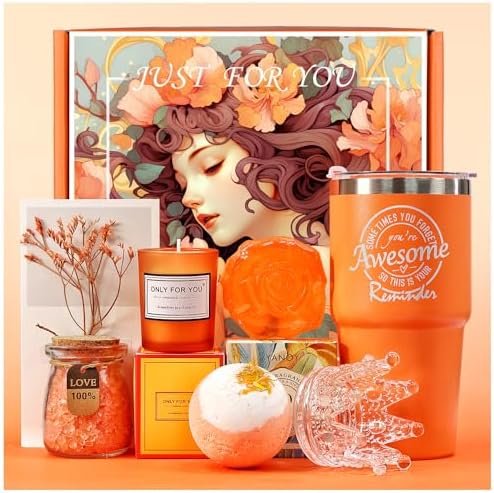 Gifts for Women Unique Spa Gifts Basket Set Birthday, Mothers Day, Valentines Day Christmas Gifts for Mom, Sister, Her, Girlfriend, Wife Bright Orange Gift Box…