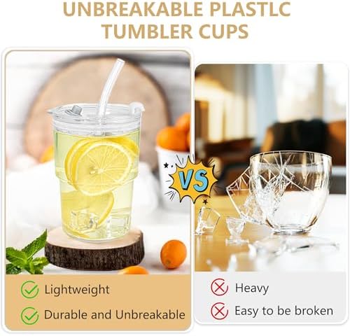 15 oz Plastic Iced Coffee Cups with Lids and Straws Set of 6, Unbreakable Drinking Glasses Reusable Iced Coffee Glass to Go Cup for Matcha Tea Smoothie Juice Cup Dishwasher Safe