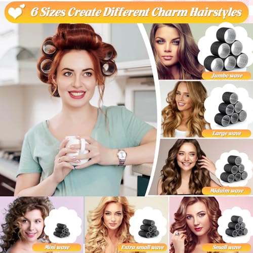 6 Size Hair Rollers for Women, 62 Pcs Rollers Hair Curlers for Long Medium Short Hair, Large Medium Small Self Grip Hair Rollers with 36 Rollers 24 Stainless steel Clips 1 Storage Bag