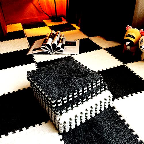 easycustomerlee 12pcs Interlocking Carpet Shaggy Soft EVA Foam Mats Fluffy Rugs Protective Floor Tiles Play Mats for Children Kids Room Home Parlor Bedroom(Black)