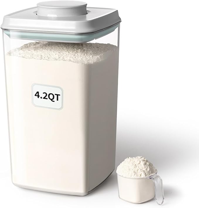 Airtight Pop Food Storage Container with Lid & 130ml Scoop, 4L/4.2qt BPA-Free Cereal, Rice, Flour, Pasta & Snack Container, Stackable & Durable,Kitchen Pantry Organizer