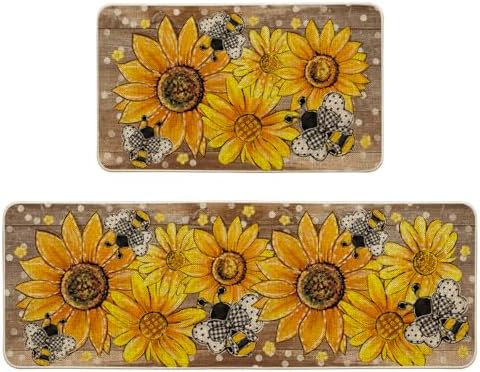 Artoid Mode Bee Sunflower Daisy Spring Kitchen Mats Set of 2, Summer Home Decor Low-Profile Kitchen Rugs for Floor - 17x29 and 17x47 Inch