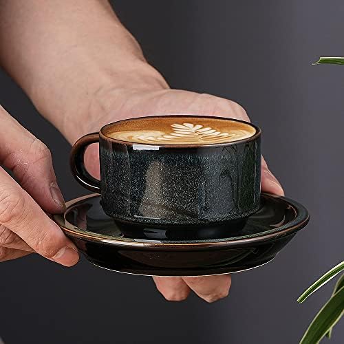 JIEMEI HOME Porcelain Stackable Espresso Cups with Saucers and Metal Stand, 4 Ounce Demitasse Cups for Specialty Coffee Drinks, Latte, Tea Set of 4, Stackable Espresso Mugs, Green & Blue