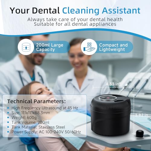 Ultrasonic Retainer Cleaner, 45kHz Retainer Cleaner Machine for Dentures, Mouth Guards, Aligners, Braces, Toothbrush Heads & Jewelry, 200ML Dental Cleaning Pod with 4 Modes & Digital Timer