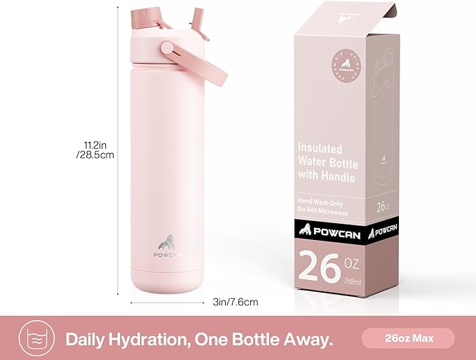 POWCAN 26 oz Insulated Water Bottle with 2-in-1 Straw and Spout Lid, Keep Cold 24H, Leak-Proof, Fits in Car Cup Holder, Stainless Steel Water Bottle for Sports, Travel, and School (Bow Down to Cherry)