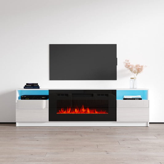 Meble Furniture York 02 TV Stand with Electric Fireplace - Modern High Gloss TV Stand with Storage Cabinets and Led Lights - Media Entertainment Center Console Table for TV Up to 90" - White
