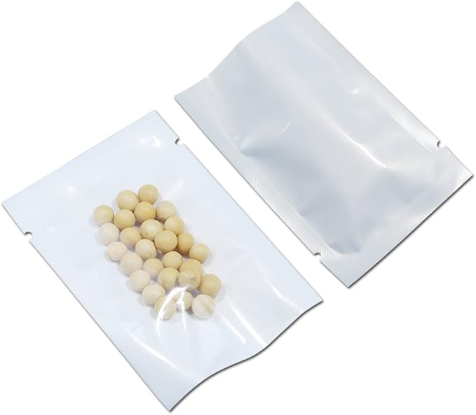 PABCK 100 Pack 3.5x5.1 inch (Usable Size 3.1x4.7 inch) White Front Clear Open Top 2.8mil Plastic Vacuum Pouch Heat Sealable Bags for Food Storage Packets Mini Sample with Tear Notches