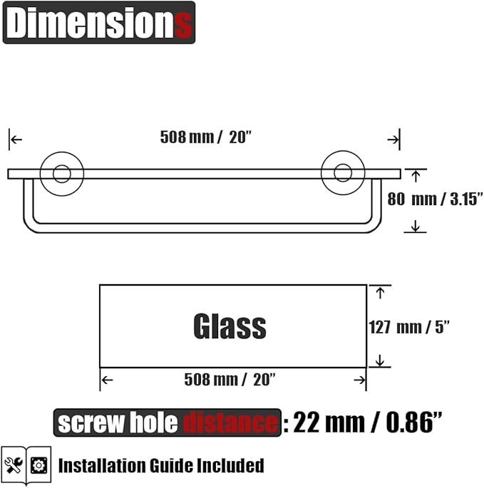 JQK Bathroom Glass Shelf, Shelf with 19 Inch Towel Bar Tempered Glass Shower Storage 20 by 5 inches, 304 Stainless Steel Matte Black Wall Mount, TGS100L20-PB