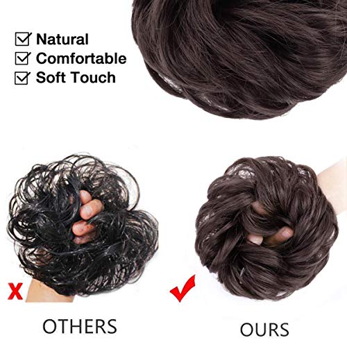 MORICA 2PCS Messy Bun Hair Pieces, Fake Bun Scrunchies for Thin Hair - Curly, Wavy Synthetic Chignon Ponytail - Dark Brown