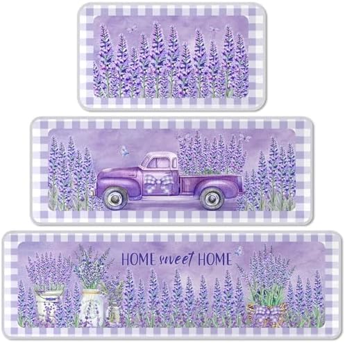 Purple Kitchen Rugs Set of 3 Lavender Kitchen Rug Purple Floor Mats Lavender Decor Area Rug for Farmhouse Home Accessories Stuff,20 x 32, 20 x 47 and 20 * 59 Inch