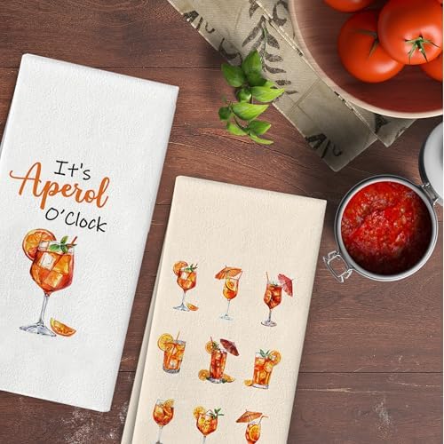 Aperol Spritz Towels Set - Set of 2, Aperol Spritz Gifts, Bar Cart Home Bar Decor, Bar Towels for Bartender, Italian Cocktail Dish Towels for Kitchen 16x24