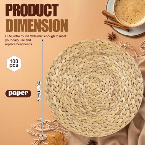 Dandat 100 Pcs Disposable Printed Woven Paper Placemats Bulk 11 Inch Round Wicker Printed Chargers Place Mat Farmhouse Braided Rattan Tablemats for Wedding Dinner Party(Light Brown)