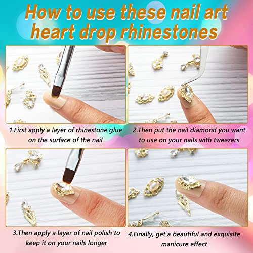 Maitys 52 Pcs Gold Nail Charms Luxury Rhinestones Heart Crystal Gems Alloy 3D Dangle Nail Jewels Metal Pearl Diamond Flowers Studs for Women DIY Craft Jewelry Making