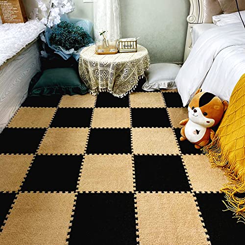 easycustomerlee 12pcs Interlocking Carpet Shaggy Soft EVA Foam Mats Fluffy Rugs Protective Floor Tiles Play Mats for Children Kids Room Home Parlor Bedroom(Black)