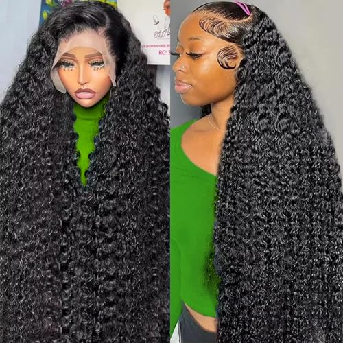13x6 Deep Wave Lace Front Wigs Human Hair 200 Density HD Transparent Deep Curly Lace Front Wig Human Hair Lace Frontal Wigs for Women Pre Plucked Natural Black (Black, 26 inch)