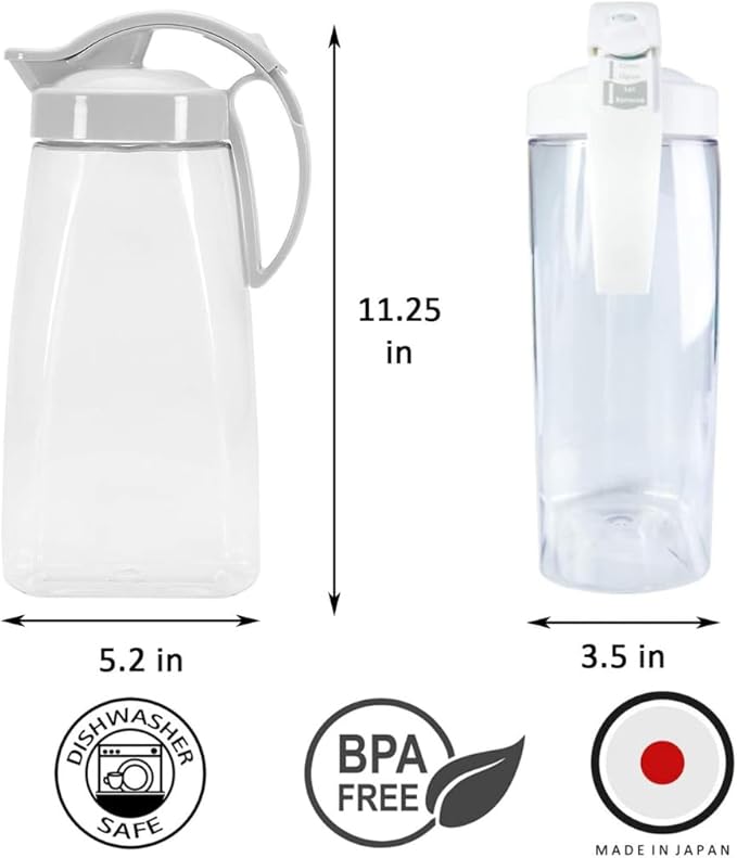 Water Pitcher with Lid for Fridge, Slim 74 oz (2.3 qt) Beverage Airtight Pitcher for Drinks, Tea Jug with Easy Pour Spout, Space Saving Refrigerator Container, BPA-Free SAN Plastic, Made in Japan