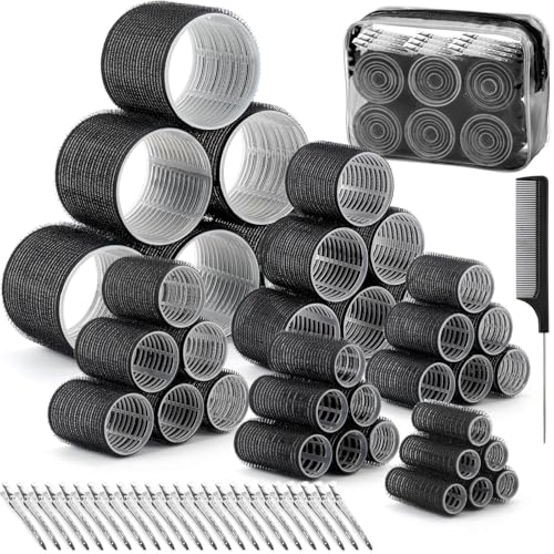 6 Size Hair Rollers for Women, 62 Pcs Rollers Hair Curlers for Long Medium Short Hair, Large Medium Small Self Grip Hair Rollers with 36 Rollers 24 Stainless steel Clips 1 Storage Bag
