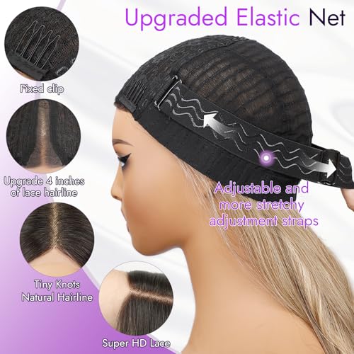 Ombre Blonde Wig for Women Long Wavy 4x1 Lace Natural Hairline Glueless for Beginners Middle Part Synthetic for Daily Party Use 26Inch