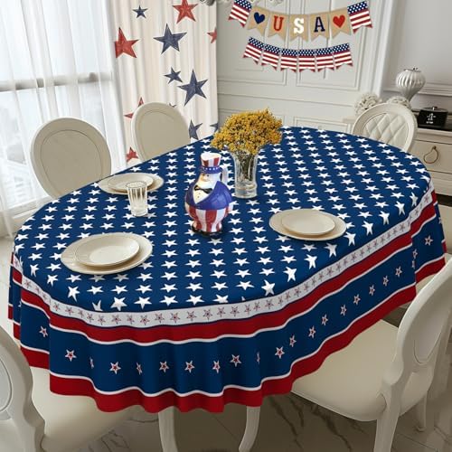 Fourth of July Oval Tablecloth Memorial Day Patriotic Table Cloth American Flag, Stars Table Cloths for Indoor and Outdoor Kitchen Dining-60 x84