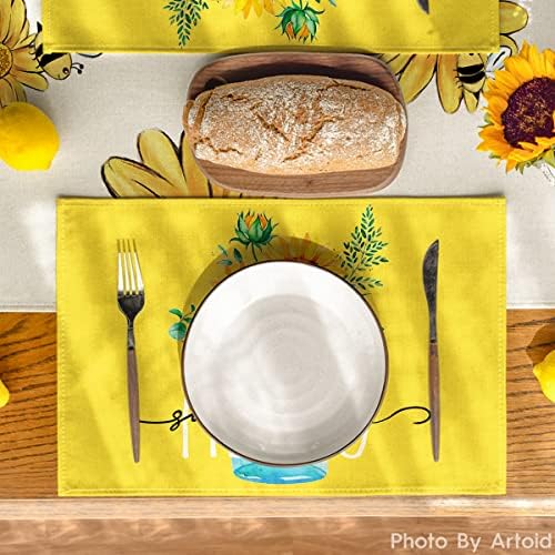 Artoid Mode Yellow Hello Sunshine Sunflower Summer Placemats for Dining Table, 12 x 18 Inch Spring Seasonal Holiday Decoration Rustic Vintage Washable Table Mats Set of 4