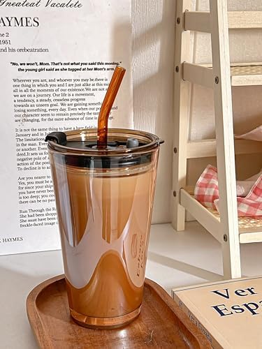 15oz Glass Tumbler with Straw and Lid, Cute Iced Coffee Cups, Aesthetic Glass Cups, Coffee Tumbler, Water Cup, Matcha Cup, Drinking Glasses (Amber)