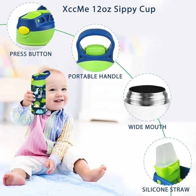 Sublimation Sippy Cup,12oz Stainless Steel Toddler Water Bottle,Double Wall Vacuum Insulated Sippy Tumbler with Handle Spill Proof and Shrink Films,Children Thermos
