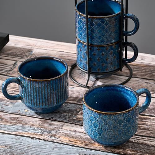 Large Ceramic Coffee Mug Set of 4 with Stand, 15 Oz Stackable Different Embossment Ribbed Latte Cup Set for Cappuccino, Tea, Hot Cocoa, Drinks - Dishwasher & Microwave Safe, Blue