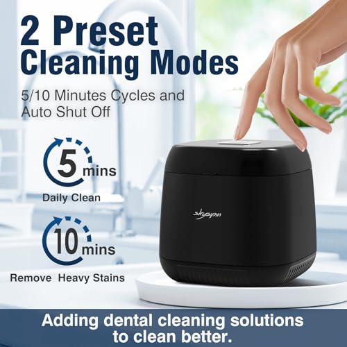 Ultrasonic Retainer Cleaner Machine U-V, 45KHz 2 Modes Quiet, Denture Aligner Cleaner Mouth Guard Dental Cleaning Ultrasonic for All Dental Appliances, Jewelry 6.8oz Black
