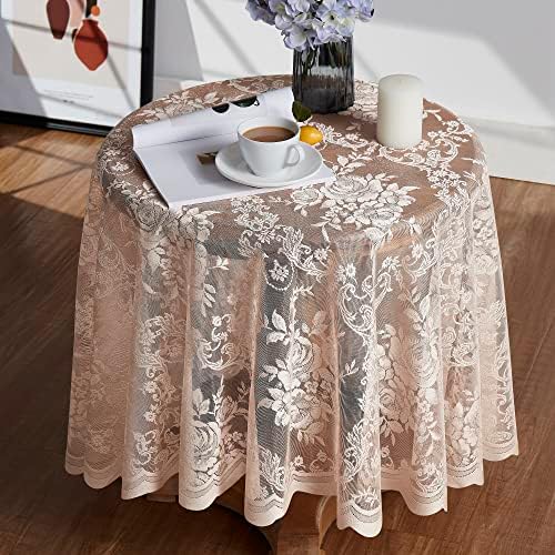 Warm Home Designs 60 Inch Round Tablecloth with English Rose Design. Use as Circle Tablecloth, Rustic Tablecloth or as Elegant Lace Table Cloth. Linen Gold Table Clothes for 6 Guests. LTC Linen 60"