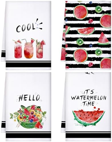 Honoson 4 Pieces Watermelon Kitchen Towels Summer Farmhouse Decorative Dish Towel Watermelon Absorbent Plaid Tea Washcloths for Summer Kitchen Cooking Home Cleaning Decor