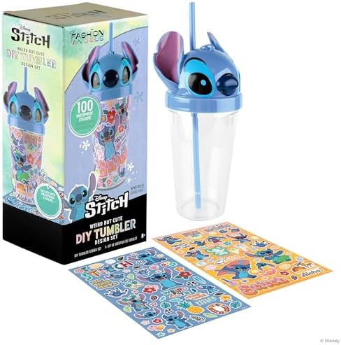 Fashion Angels Disney Stitch Tumbler Design Kit, Includes a 16 oz Experiment 626 Tumbler & 100 Waterproof Stickers, Ideal Gift Set for Kids Ages 8 & Up