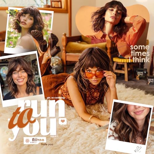 Short Wavy Bob Wig with Bangs Caramel Reddish Brown Curly Hair Wigs for Women Realistic Shoulder Length Style Synthetic Heat Resistant Wig for Everyday Hairstyle 16 Inch