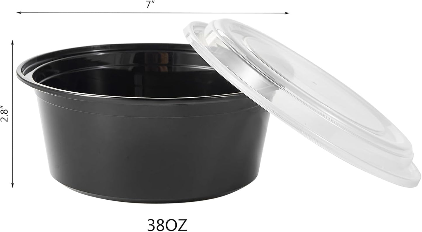 FULING 38 oz 50 ct Round Meal Prep Containers with Lids Plastic Food Storage To Go Lunch Plan Box Disposable Take Out Bowls Black BPA Free Reusable Durable Stackable Microwave Freezer Dishwasher Safe