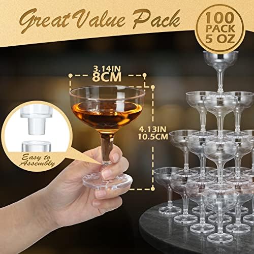 100 Pcs Plastic Champagne Party Glasses 5 oz Clear Disposable Champagne Glasses Stackable Acrylic Martini Flutes Unbreakable Margarita Coupe for Wedding Birthday Party Bar(Classic)