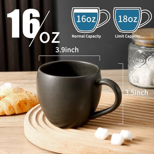 Coffee Mugs Set of 4, Ceramic 16 oz Coffee Cups for Tea, Milk, Cereal, Cappuccino, Porcelain Latte Cups with Large Handle, Stoneware Coffee Mugs for Christmas Housewarming Gifts, Black