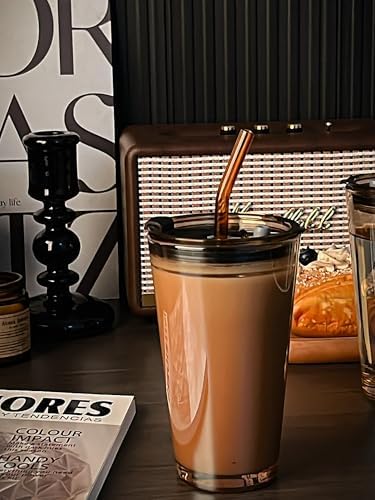 15oz Glass Tumbler with Straw and Lid, Cute Iced Coffee Cups, Aesthetic Glass Cups, Coffee Tumbler, Water Cup, Matcha Cup, Drinking Glasses (Amber)