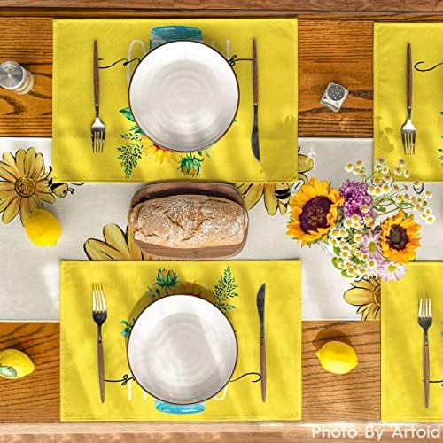 Artoid Mode Yellow Hello Sunshine Sunflower Summer Placemats for Dining Table, 12 x 18 Inch Spring Seasonal Holiday Decoration Rustic Vintage Washable Table Mats Set of 4