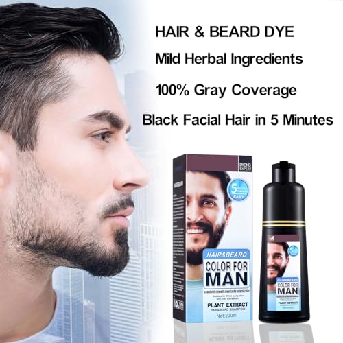 Men's Mustache & Beard Dye for Gray Hair Coverage - Natural Black Color in 5 Minutes, Easy Application Shampoo for Facial Hair 200ml