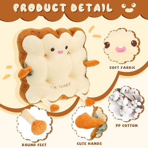 Kigley 2 Pcs Cute Seat Cushion Toast Bread Plush Pillow Cushion Memory Foam Kawaii Office Desk Chair Car Accessories Kawaii Chair Food Pillows for Car Birthday Sofa Bedroom