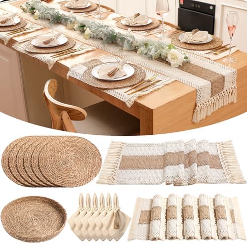 6 Sets Boho Placemats Round Woven Placemats, Cloth Napkins, Wood Bead Napkin Rings, Long Table Runner and Farmhouse Rustic Placemats Natural Burlap Cotton for Kitchen Dining Table Home