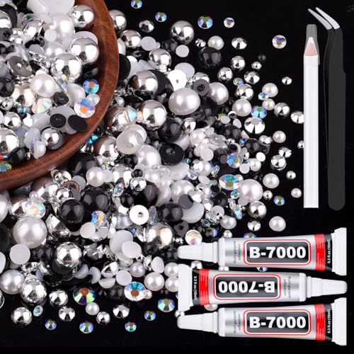 9000PCS Flatback Pearls and Rhinestones for Crafting, Red White Black Mixed Size 3-10mm Resin Rhinestones and Half Pearls for Bedazzling, Nail Art and Decoration with Tweezer and Pickup Pencil