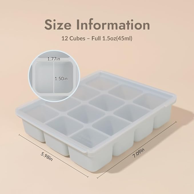 Baby Food Storage Silicone Cubes with Clip-On Lid Freezer Tray Baby Food Soups Purees Ice Safe Design Made in Korea (12cubes 1.5oz, Celadon Green Set of 2)