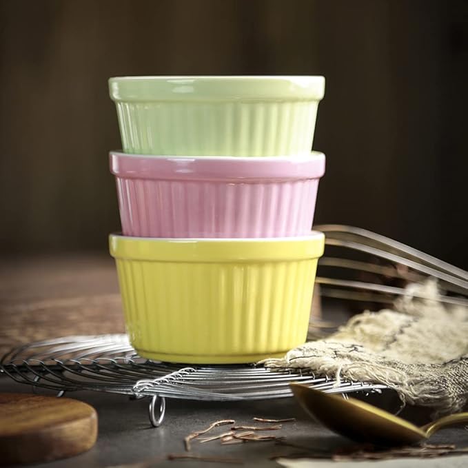 Ramekins 6oz Oven Safe,Creme Brulee Ramekin and Souffle Dishes,Porcelain Baking Bowls,Dipping Sauce Dish.Pudding Cups,Set of 6,Colorful.